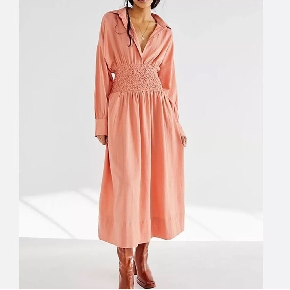 Free People Endless Summer Monika shirt dress 100% cotton peach ruched waist S